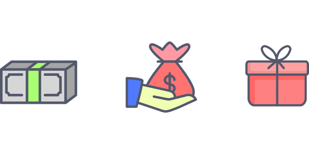 Best website features: Images of bills, a hand holding a bag of coins and a gift